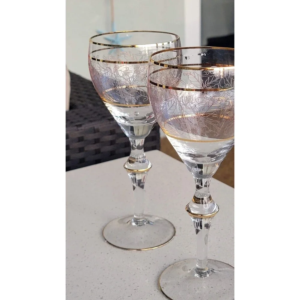 Vintage Crystal Wine Glasses Gold Etched & Banded Stemware Set/2